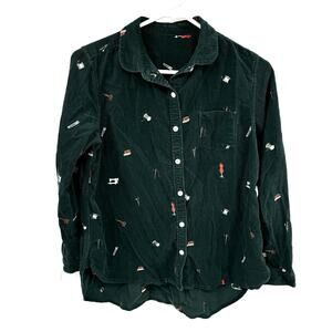 Miko And... Green Corduroy Button Down Shirt Embroidered With Sewing Motifs Sz S